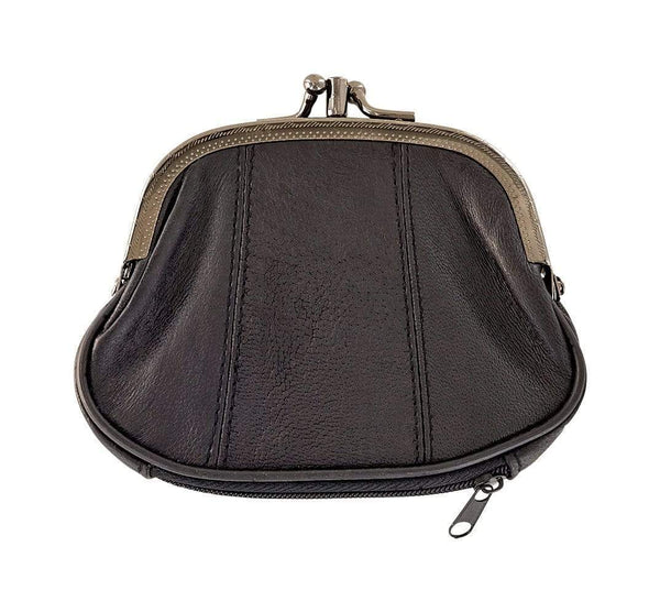 Kisslock Leather Change Purse with Clasp and Zipper Bottom Pouch Black